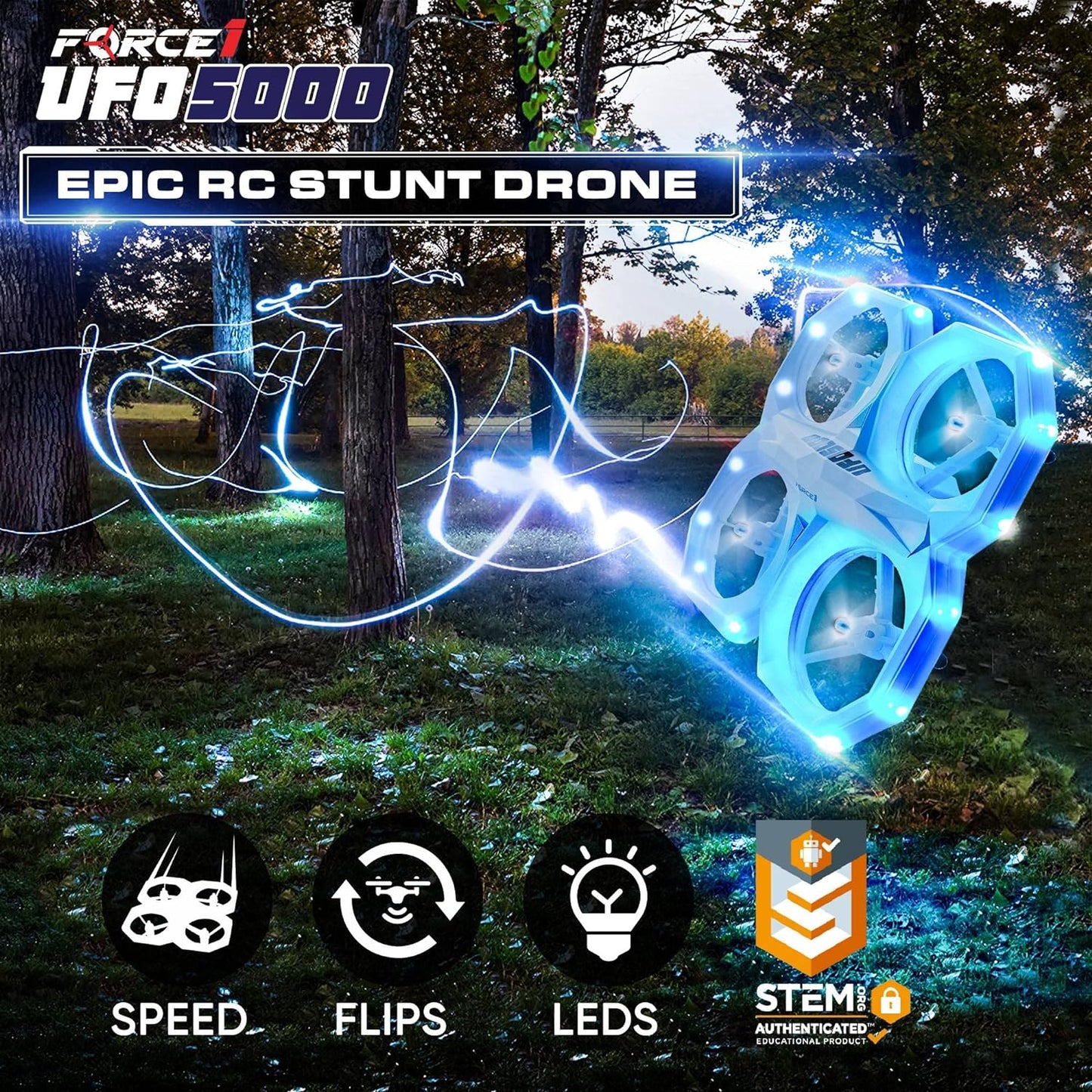 UFO 5000 Mini Drone for Kids - LED Remote Control Drone Flying Toy, Small RC Quadcopter for Beginners with Leds, 2.4 Ghz Remote Control, 360 Flips, 11 LED Modes, 3 Speeds, 2 UFO Drone Batteries