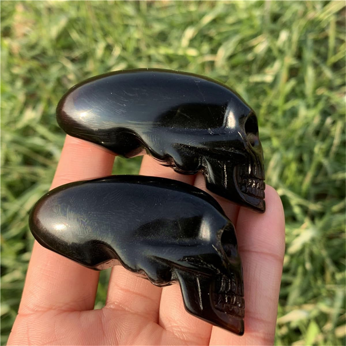 2.2 Black Obsidian Crystal Elongated Skulls Hand Carved Reiki Healing Stone Statue Aliens Skull Head Reiki Home Decoration (Obsidian W)