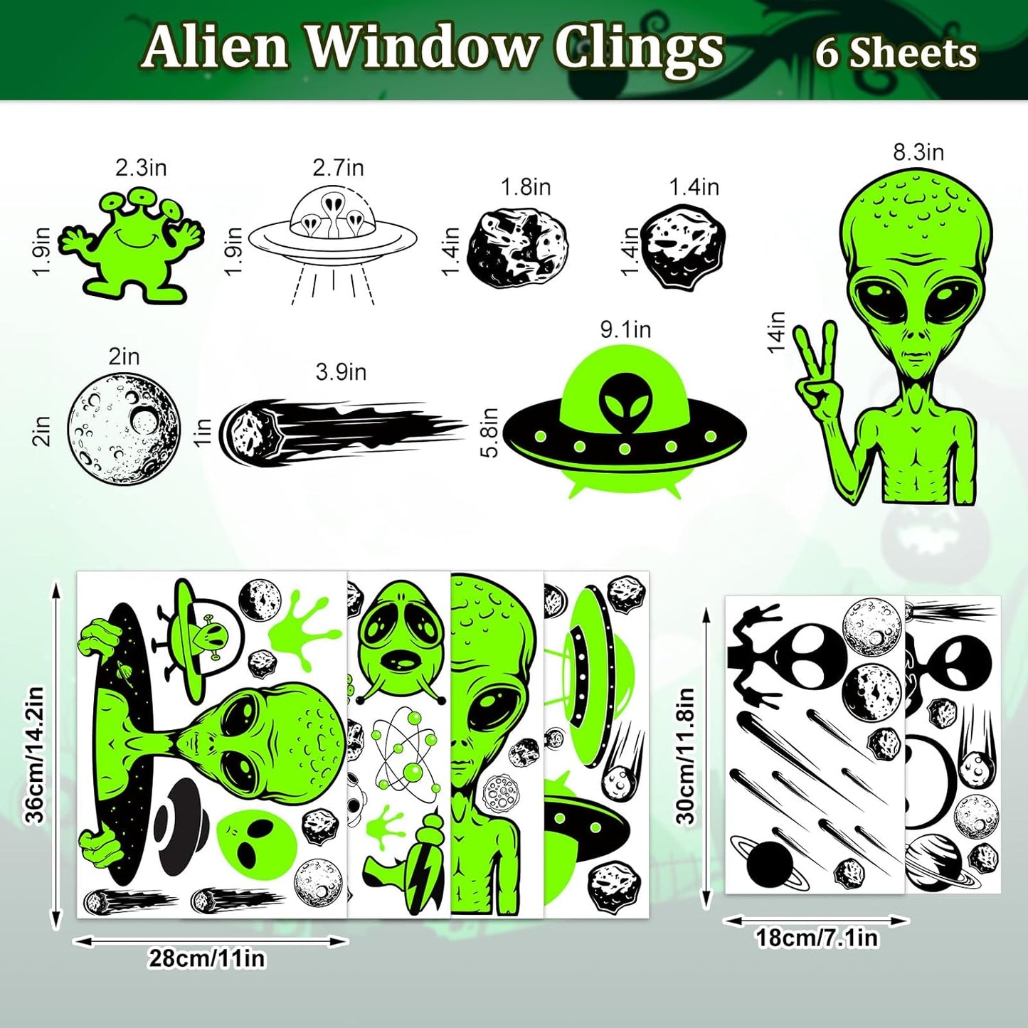 6 Sheets Alien Window Clings Large Size Green Alien Window Stickers Flying Saucer UFO Theme Window Decals Double-Sided Removable for Halloween Decor Alien Party Supplies