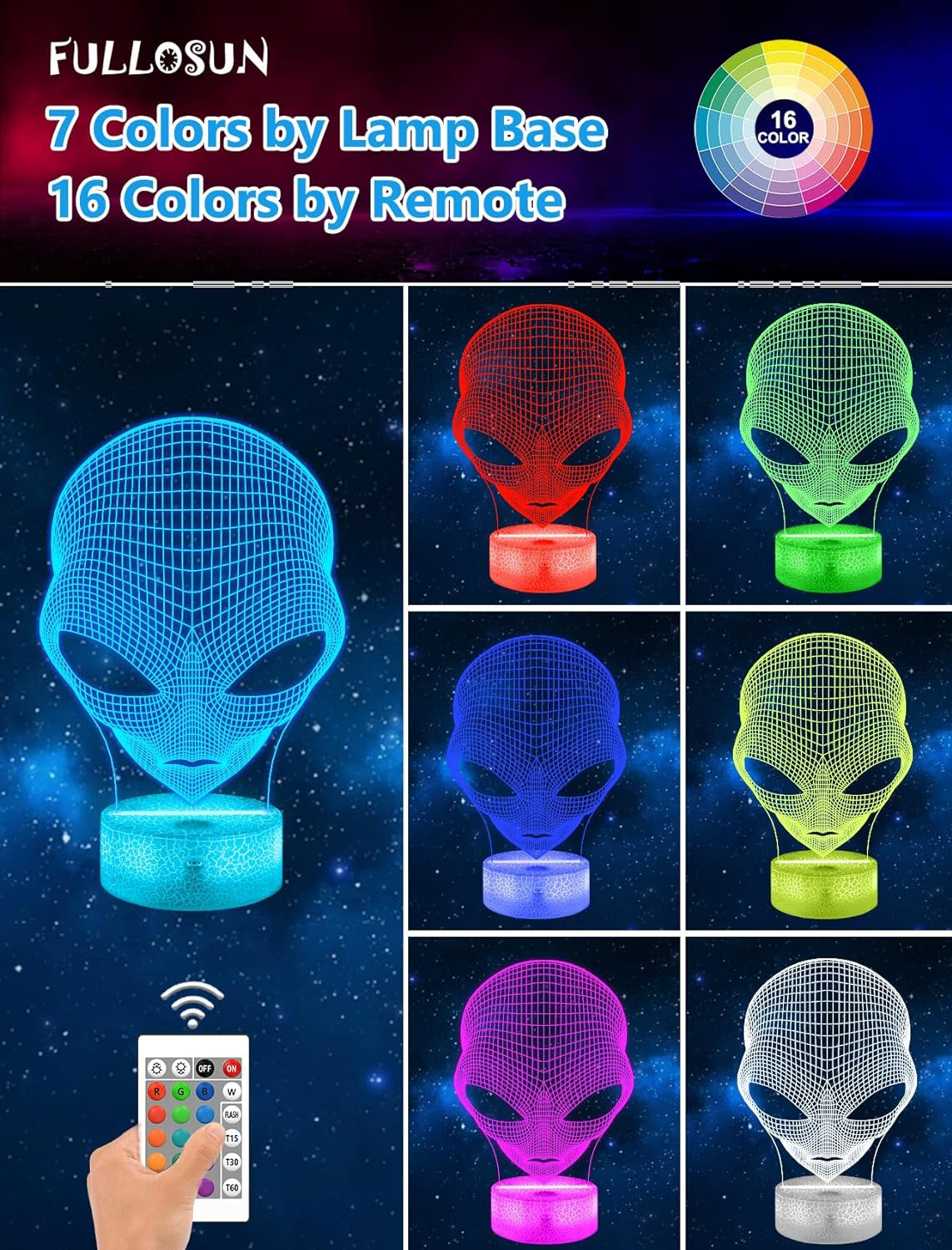 Alien Gift, Kids Alien Illusion Night Light (With Remote Control), 3D Illumination Lights Boys Gift 16 Colors Changeable Kids Room Lighting Creative Decoration... (Alien)