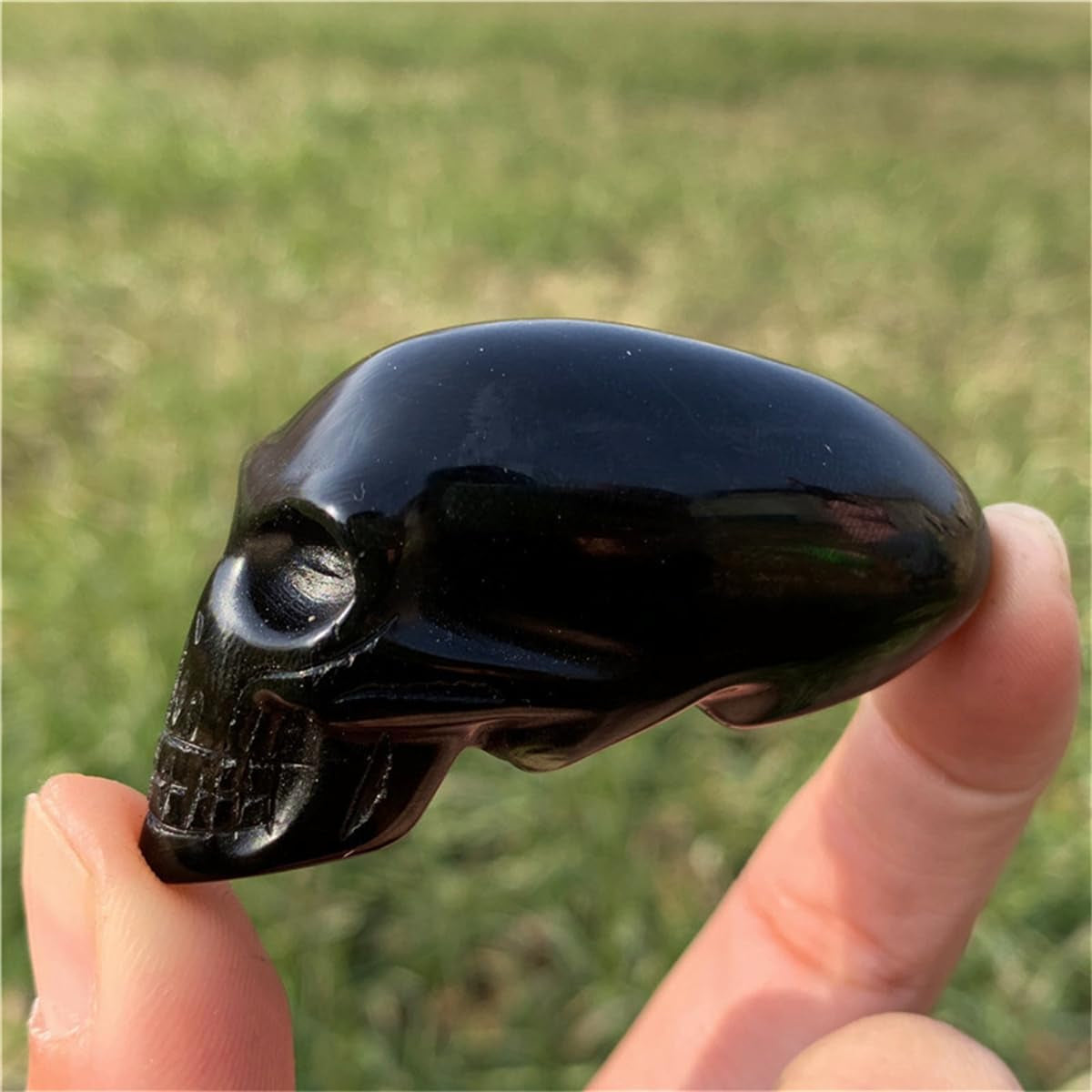 2.2 Black Obsidian Crystal Elongated Skulls Hand Carved Reiki Healing Stone Statue Aliens Skull Head Reiki Home Decoration (Obsidian W)