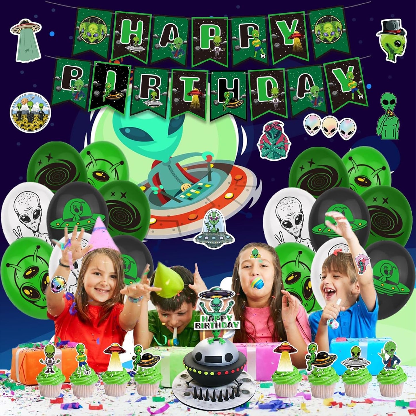 127 Pcs Alien Theme Birthday Party Supplies Include Alien Banner Balloons, Cake Topper, Cupcake Toppers, Stickers for Kids UFO Alien Birthday Party Decorations