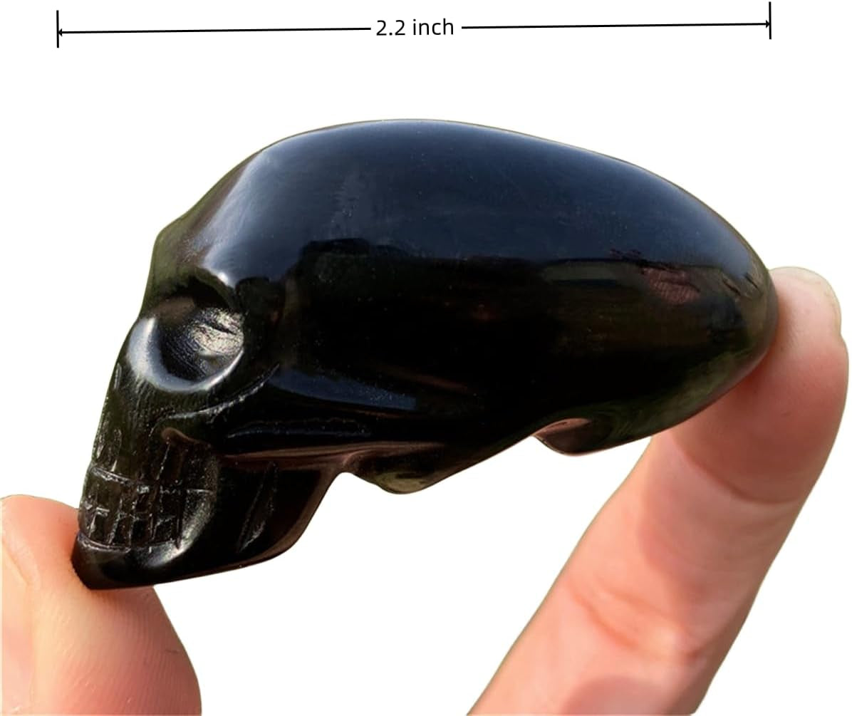 2.2 Black Obsidian Crystal Elongated Skulls Hand Carved Reiki Healing Stone Statue Aliens Skull Head Reiki Home Decoration (Obsidian W)