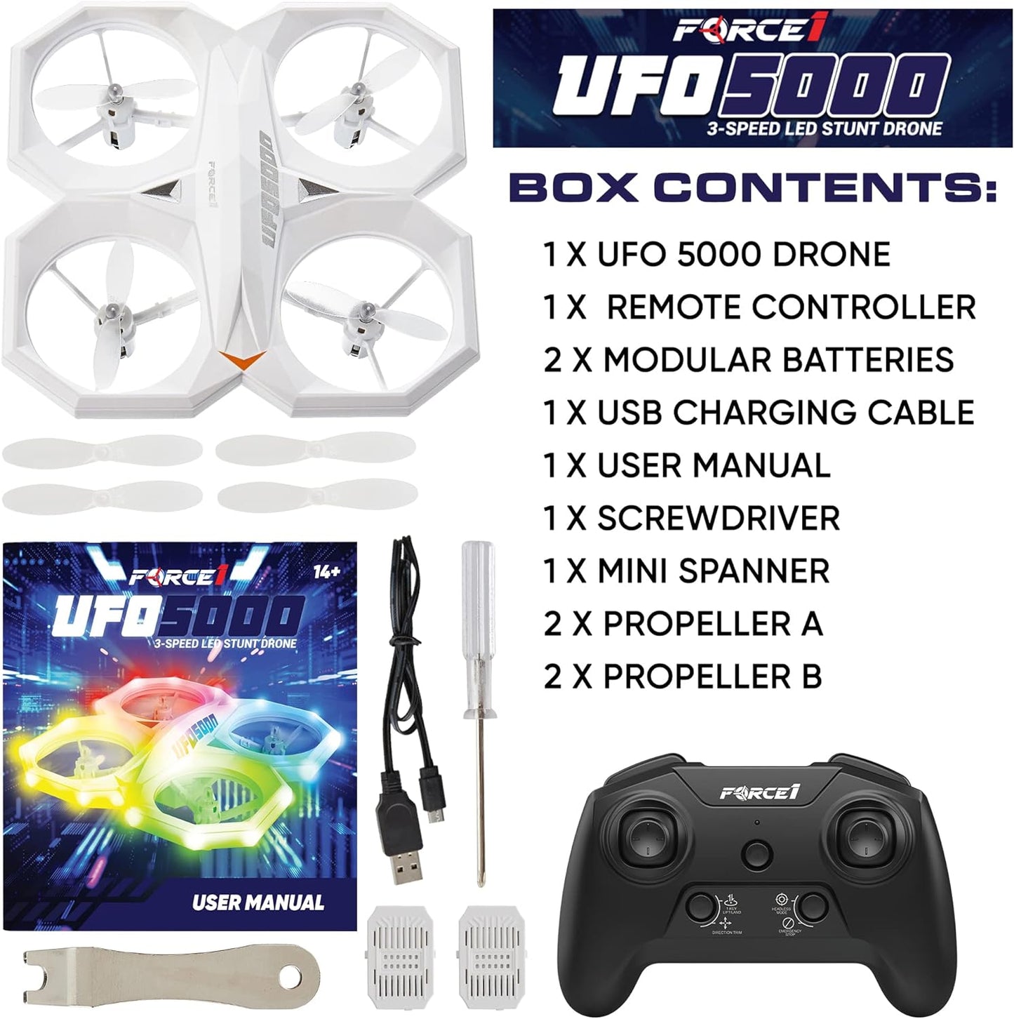 UFO 5000 Mini Drone for Kids - LED Remote Control Drone Flying Toy, Small RC Quadcopter for Beginners with Leds, 2.4 Ghz Remote Control, 360 Flips, 11 LED Modes, 3 Speeds, 2 UFO Drone Batteries