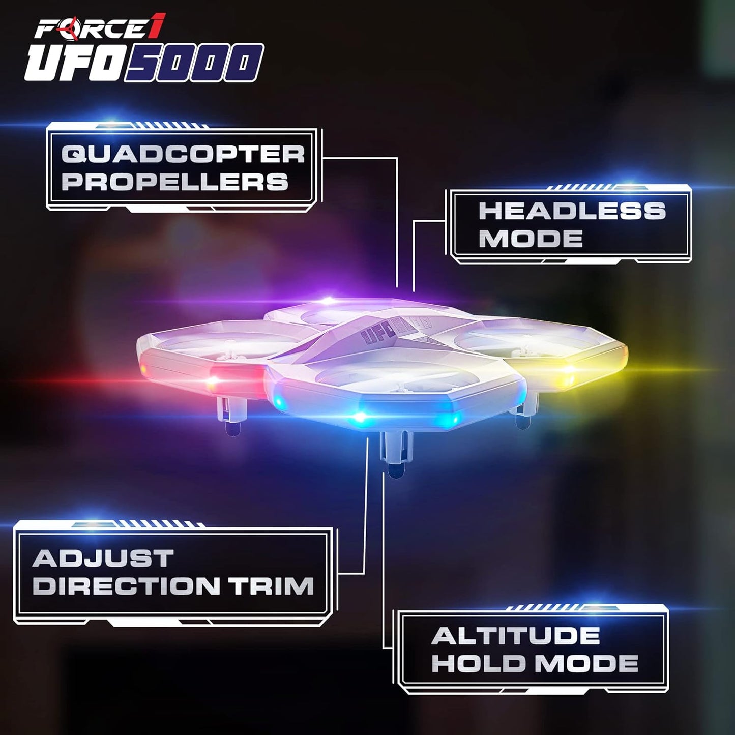 UFO 5000 Mini Drone for Kids - LED Remote Control Drone Flying Toy, Small RC Quadcopter for Beginners with Leds, 2.4 Ghz Remote Control, 360 Flips, 11 LED Modes, 3 Speeds, 2 UFO Drone Batteries