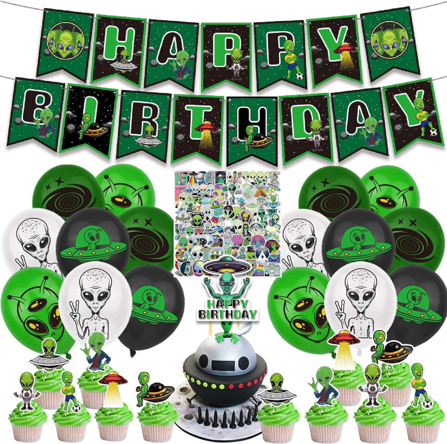 127 Pcs Alien Theme Birthday Party Supplies Include Alien Banner Balloons, Cake Topper, Cupcake Toppers, Stickers for Kids UFO Alien Birthday Party Decorations