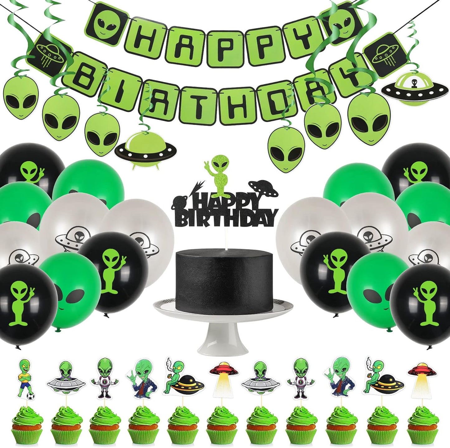 53Pcs Alien Birthday Party Decorations Set Alien Balloons Assorted Alien Cupcake Toppers Alien Birthday Banner Outer Space Saucer Balloons UFO Hanging Swirls for Alien Birthday Party Decor