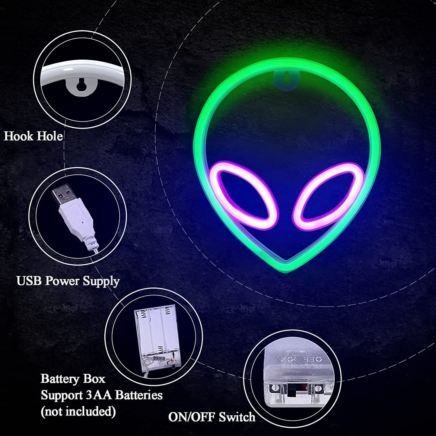 Alien Neon Sign LED Alien Neon Light Usb/Battery Operated Cool Alien Light up Sign for Wall Decor Game Room Aesthetic Hanging Light for Man Cave Stuff, Bedroom, Bar, Party, Christmas