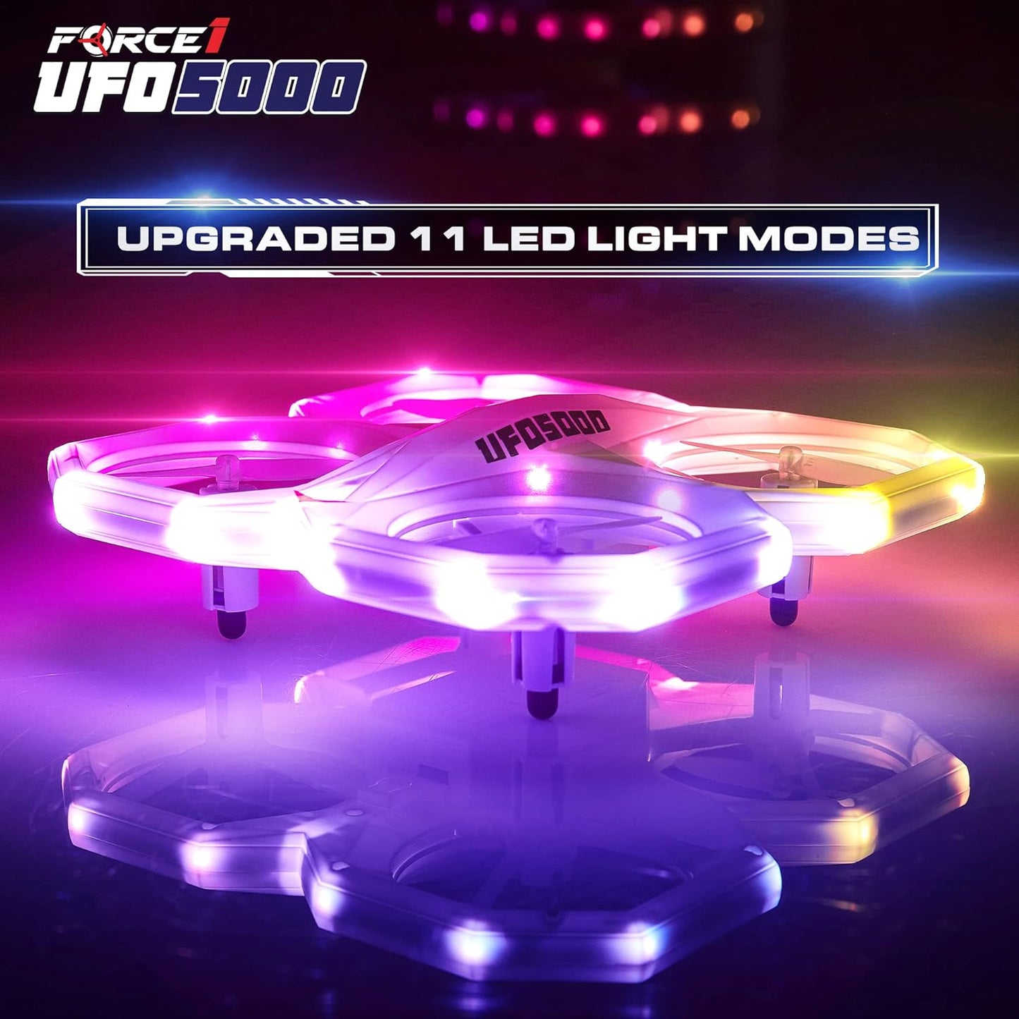 UFO 5000 Mini Drone for Kids - LED Remote Control Drone Flying Toy, Small RC Quadcopter for Beginners with Leds, 2.4 Ghz Remote Control, 360 Flips, 11 LED Modes, 3 Speeds, 2 UFO Drone Batteries