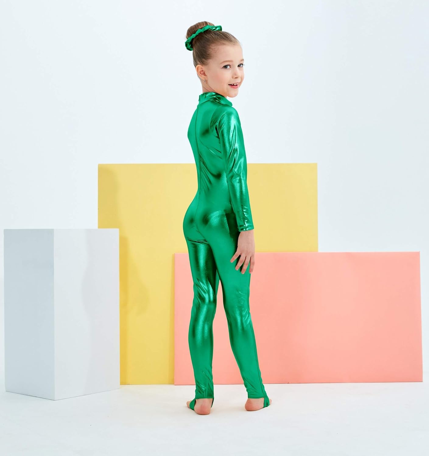 Girls Shiny Metallic Mock Neck Unitard Long Sleeve Zipper Back One Piece Bodysuit Costume