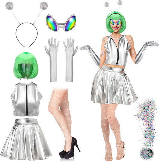 8 Pcs Halloween Alien Costume for Women with Metallic Top Skirt Space Dress up Party Supplies