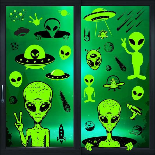 6 Sheets Alien Window Clings Large Size Green Alien Window Stickers Flying Saucer UFO Theme Window Decals Double-Sided Removable for Halloween Decor Alien Party Supplies