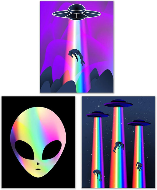 UFO Alien Abduction Wall Art Prints - Set of 3 (8 Inches X 10 Inches) - Martian Spacecraft Home Decor