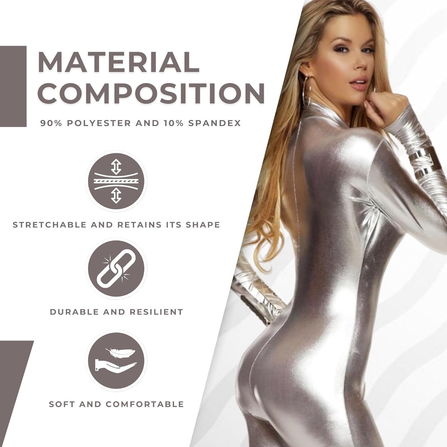 Women'S Hot Metallic Zip Front Mock Neck Catsuit Bodysuit - Halloween Adult Costume US