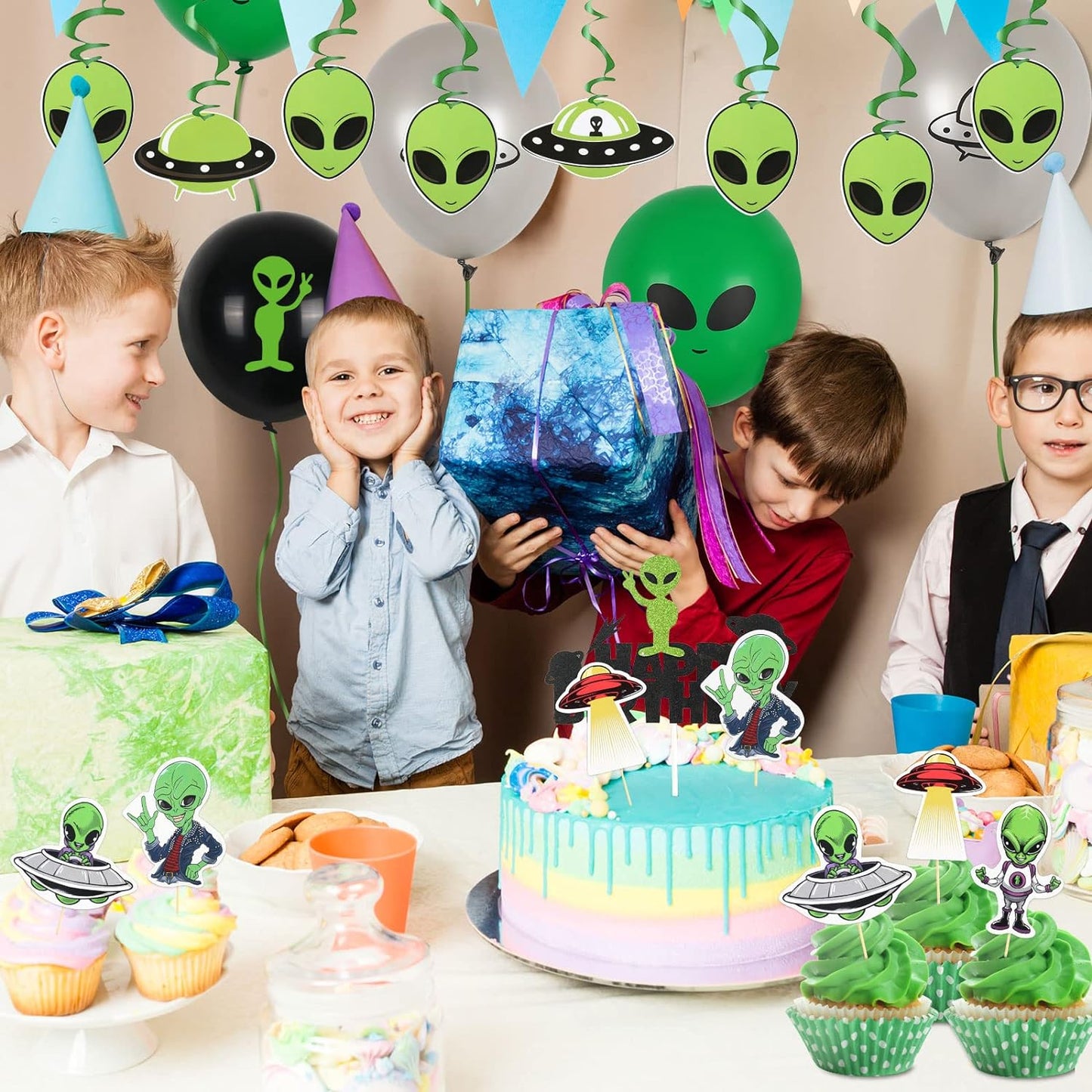 53Pcs Alien Birthday Party Decorations Set Alien Balloons Assorted Alien Cupcake Toppers Alien Birthday Banner Outer Space Saucer Balloons UFO Hanging Swirls for Alien Birthday Party Decor