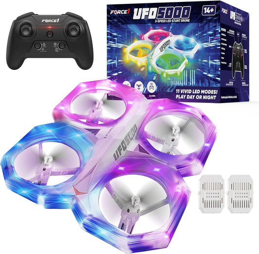 UFO 5000 Mini Drone for Kids - LED Remote Control Drone Flying Toy, Small RC Quadcopter for Beginners with Leds, 2.4 Ghz Remote Control, 360 Flips, 11 LED Modes, 3 Speeds, 2 UFO Drone Batteries