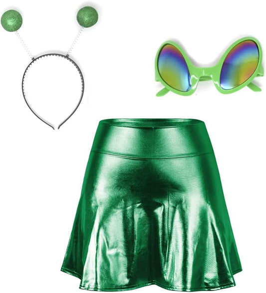 Space Alien Costume for Women, Holographic Skirt with Headband and Glasses Accessories Cosplay Dress