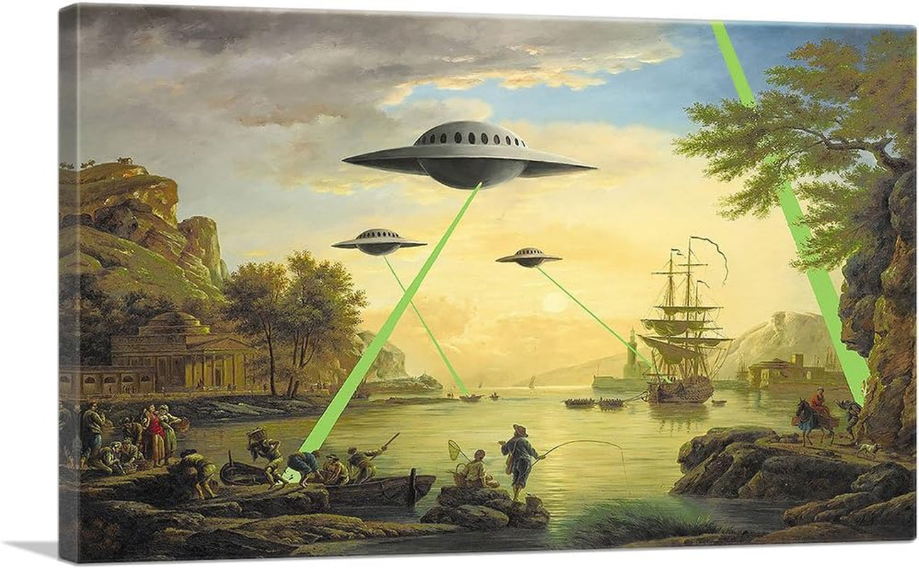 Flying Saucers Aliens Canvas Art Print Stretched Framed Painting Picture Poster Giclee Wall Decor by Banksy - 12" X 8" (0.75" Deep)