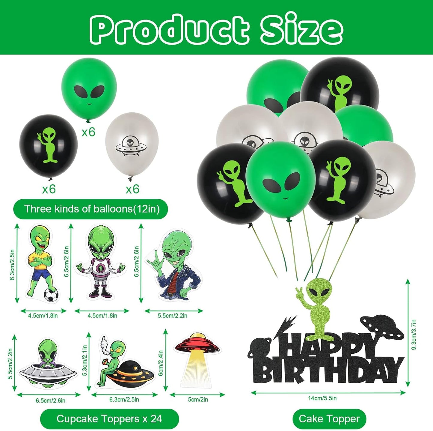 53Pcs Alien Birthday Party Decorations Set Alien Balloons Assorted Alien Cupcake Toppers Alien Birthday Banner Outer Space Saucer Balloons UFO Hanging Swirls for Alien Birthday Party Decor