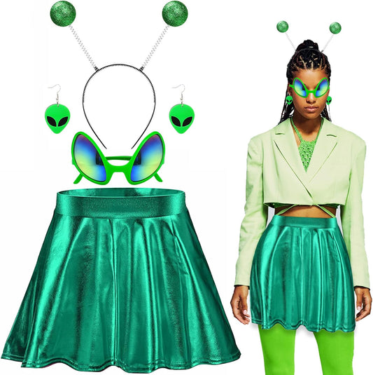 Alien Costume for Women, Antenna Bopper Headband Metallic Shiny Skirt Glasses Dangle Earrings for Halloween Cosplay