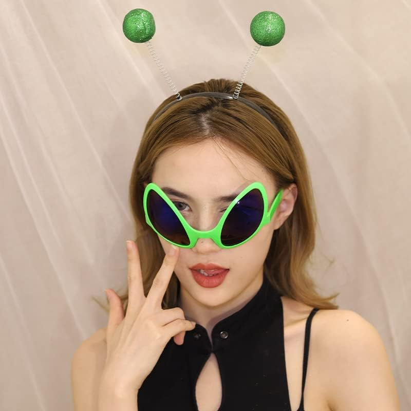 Alien Costume for Women, Antenna Bopper Headband Metallic Shiny Skirt Glasses Dangle Earrings for Halloween Cosplay