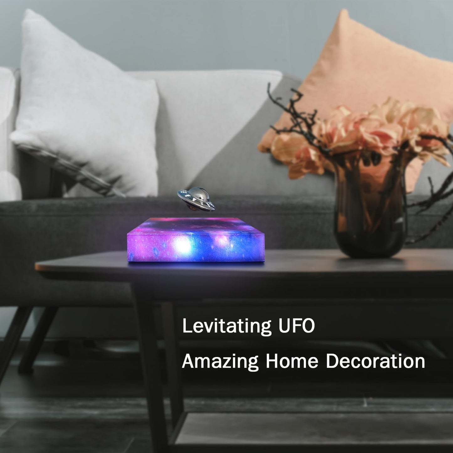 Levitating Floating UFO Lamp Lights, Magnetic Levitation Decor Display UFO, Unique Toy Gift for Desk,Room,Office, Rotating Illuminated UFO, RGB Galaxy Base, Touch Control