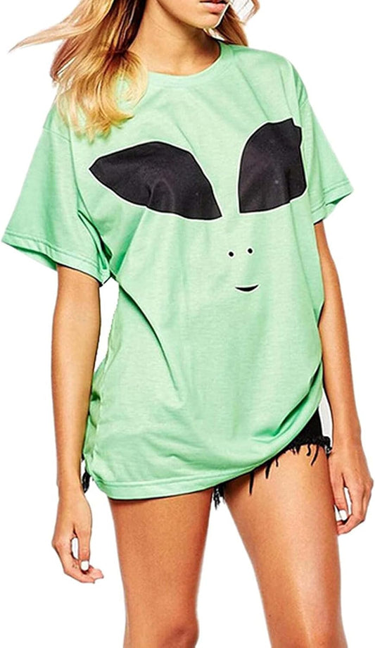 Womens Casual Alien Print Short Sleeve Loose T-Shirt Top