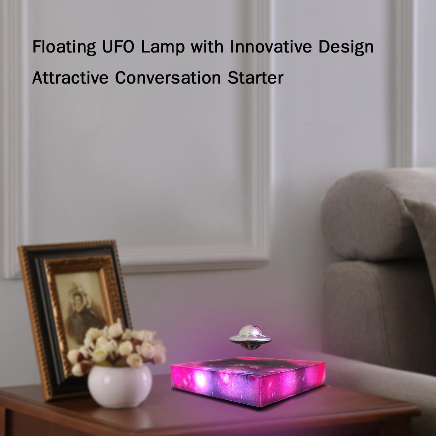 Levitating Floating UFO Lamp Lights, Magnetic Levitation Decor Display UFO, Unique Toy Gift for Desk,Room,Office, Rotating Illuminated UFO, RGB Galaxy Base, Touch Control