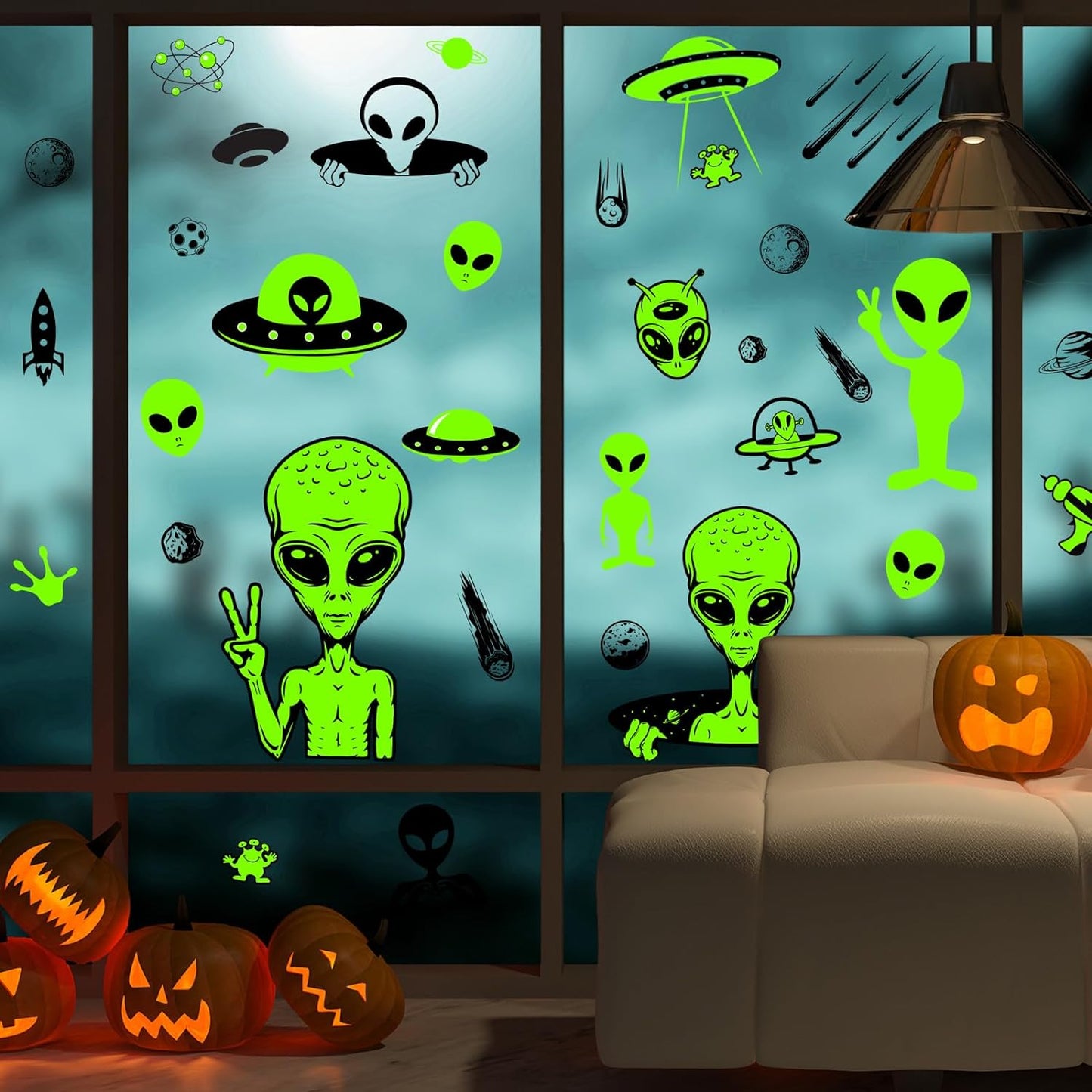 6 Sheets Alien Window Clings Large Size Green Alien Window Stickers Flying Saucer UFO Theme Window Decals Double-Sided Removable for Halloween Decor Alien Party Supplies