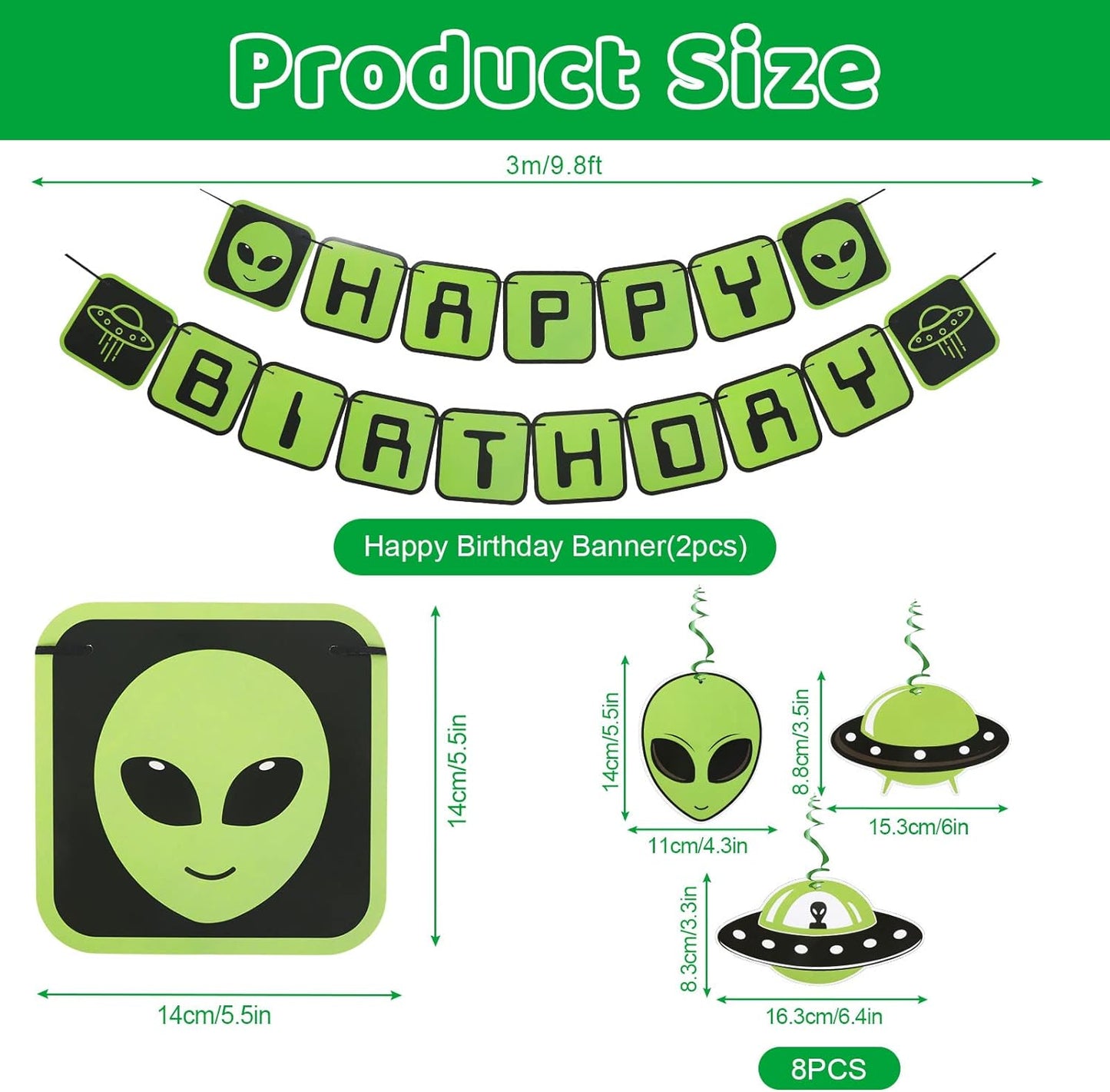 53Pcs Alien Birthday Party Decorations Set Alien Balloons Assorted Alien Cupcake Toppers Alien Birthday Banner Outer Space Saucer Balloons UFO Hanging Swirls for Alien Birthday Party Decor