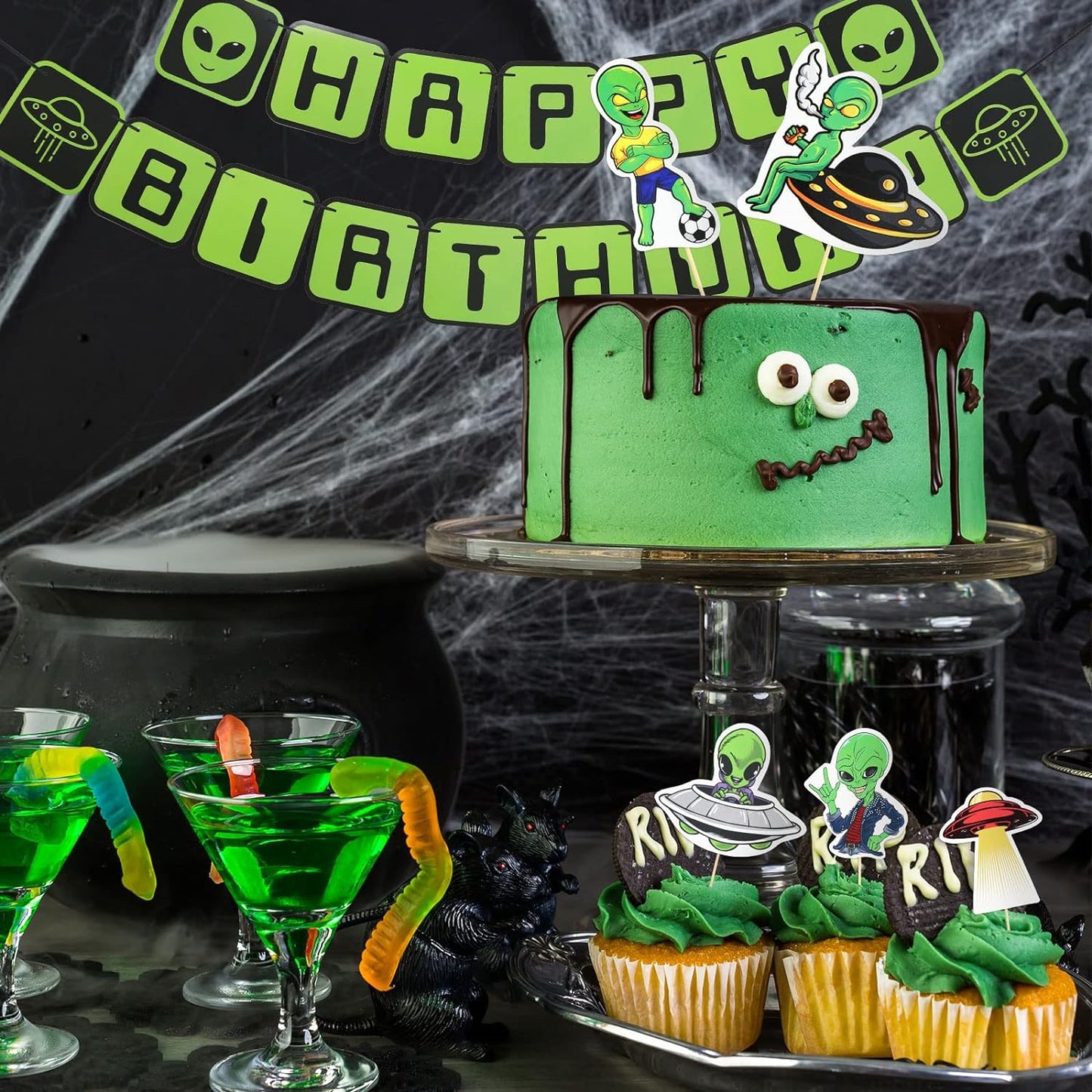 53Pcs Alien Birthday Party Decorations Set Alien Balloons Assorted Alien Cupcake Toppers Alien Birthday Banner Outer Space Saucer Balloons UFO Hanging Swirls for Alien Birthday Party Decor