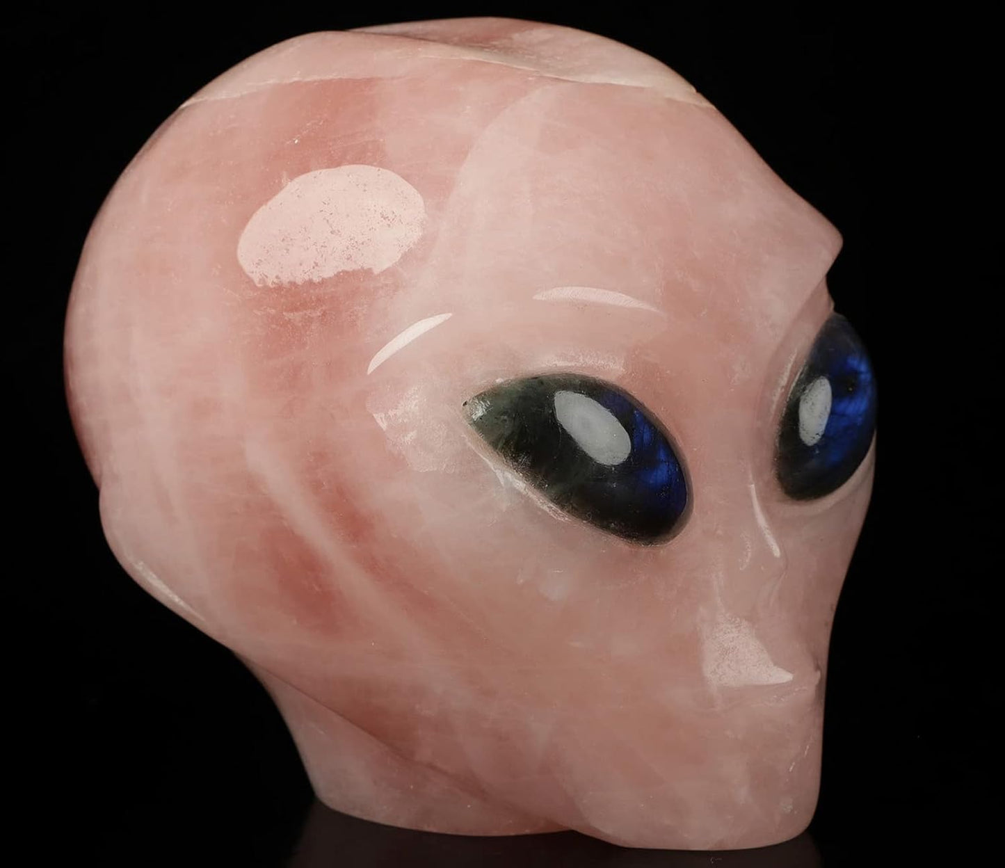 4.0" Rose Quartz Star Being Female Alien Crystal Skull Companion with Labradorite Eyes, Hand Carved Gemstone Fine Art Sculpture, Reiki Healing Stone Statue.1929