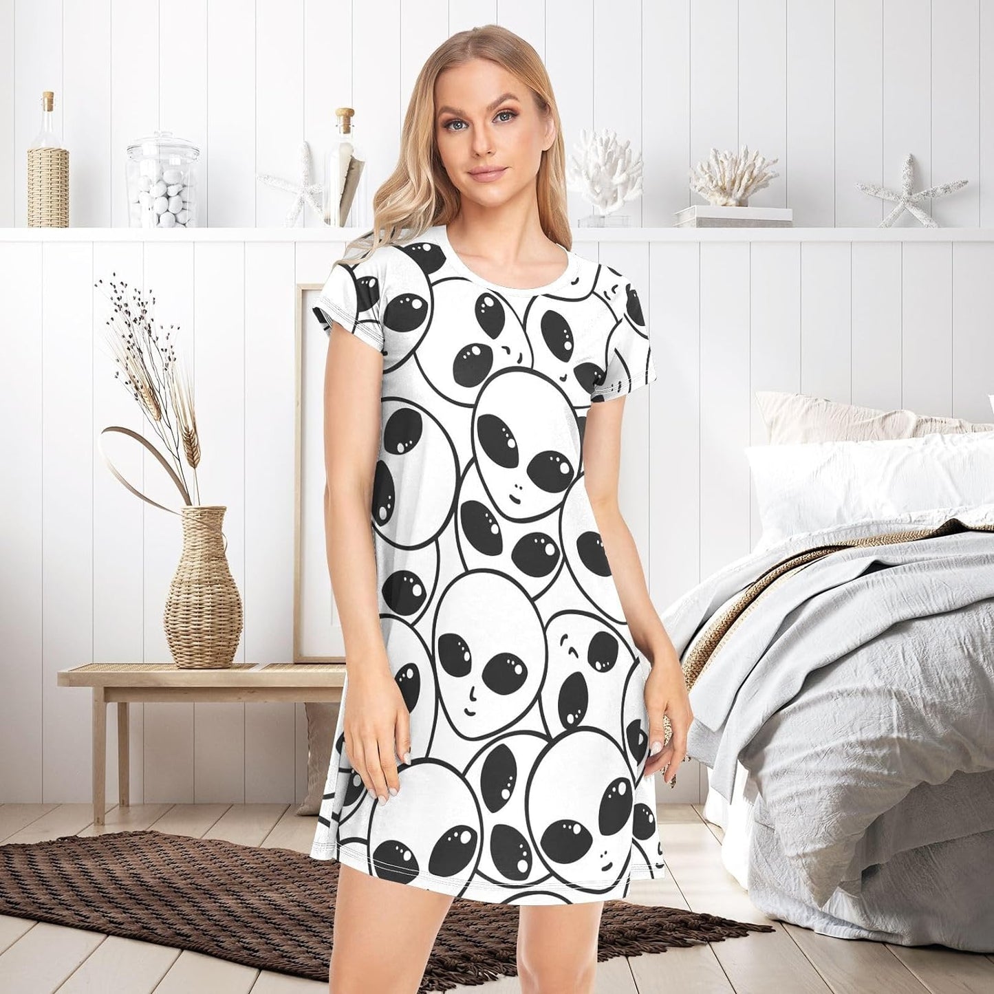 Women'S Nightgown Sleepwear Short Sleeves Sleepshirts Print Sleepdress Pajama Dress Night Gowns