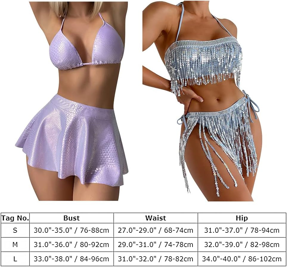 Women Metallic Rave Outfit Shiny Crop Top Bra Skirt Fringe Swimsuit Music Festivals Halloween Cosplay Alien Costume