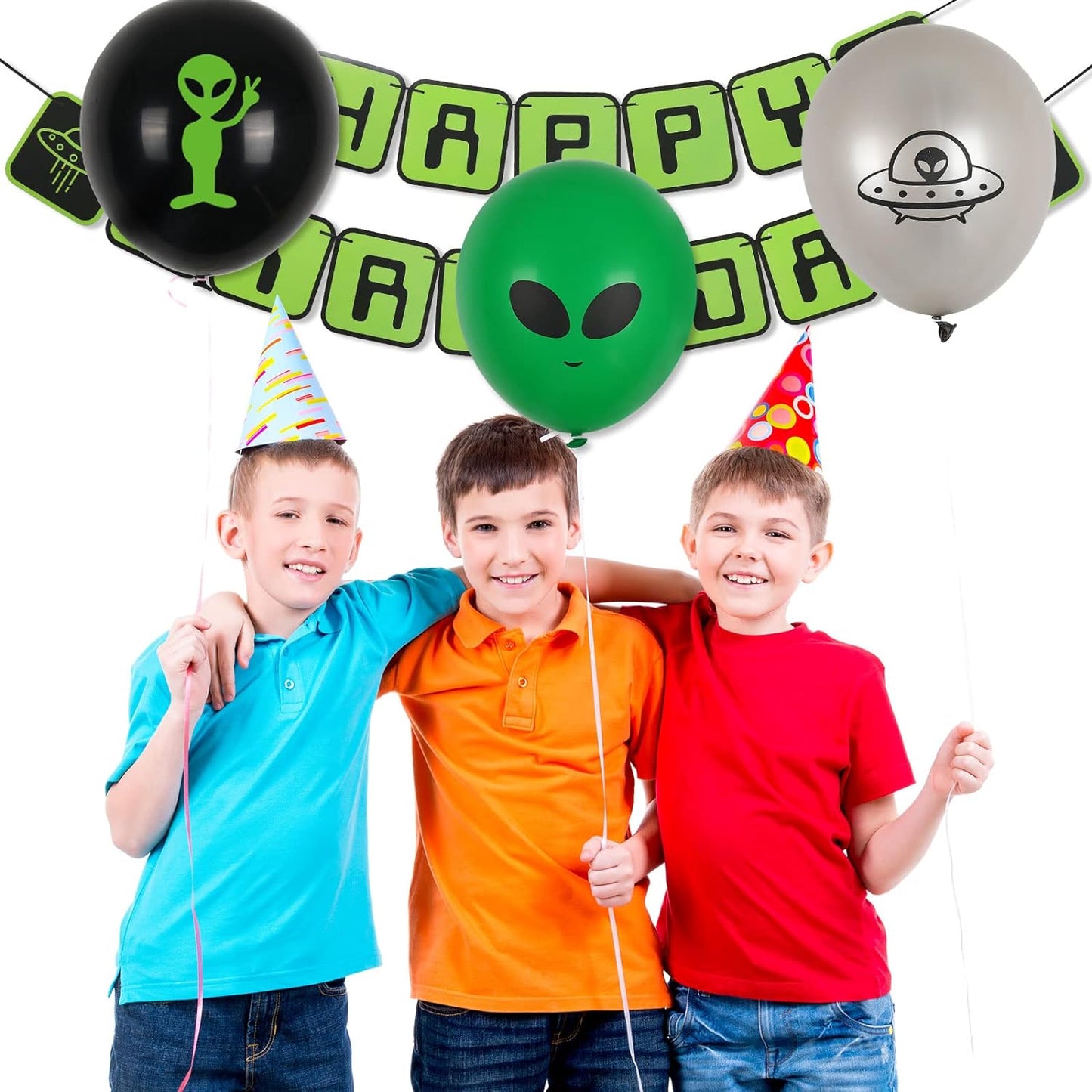 53Pcs Alien Birthday Party Decorations Set Alien Balloons Assorted Alien Cupcake Toppers Alien Birthday Banner Outer Space Saucer Balloons UFO Hanging Swirls for Alien Birthday Party Decor