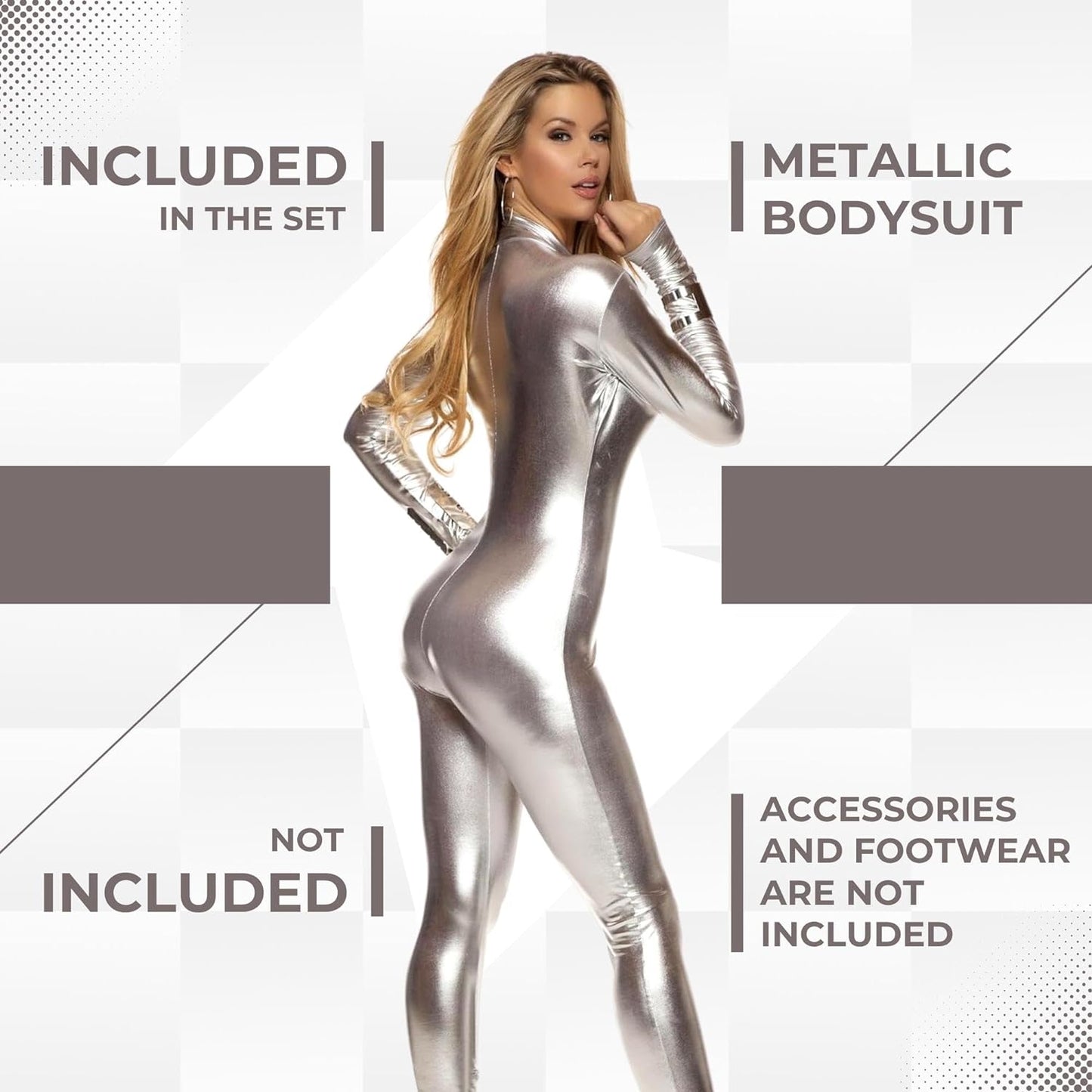 Women'S Hot Metallic Zip Front Mock Neck Catsuit Bodysuit - Halloween Adult Costume US