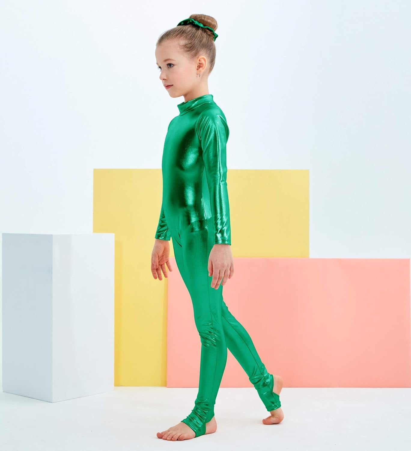 Girls Shiny Metallic Mock Neck Unitard Long Sleeve Zipper Back One Piece Bodysuit Costume