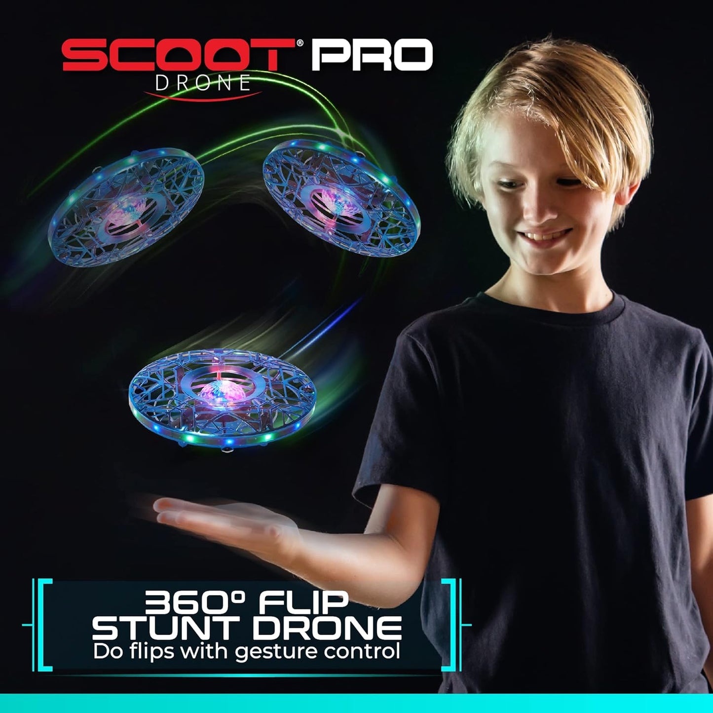 Scoot Pro Hand Operated Drone for Kids or Adults - Induction Hands Free Motion Sensors Mini Drone with Bright LED Projection, 360 Flips, Easy Indoor Small UFO Flying Orb Ball Toy for Boys Girls