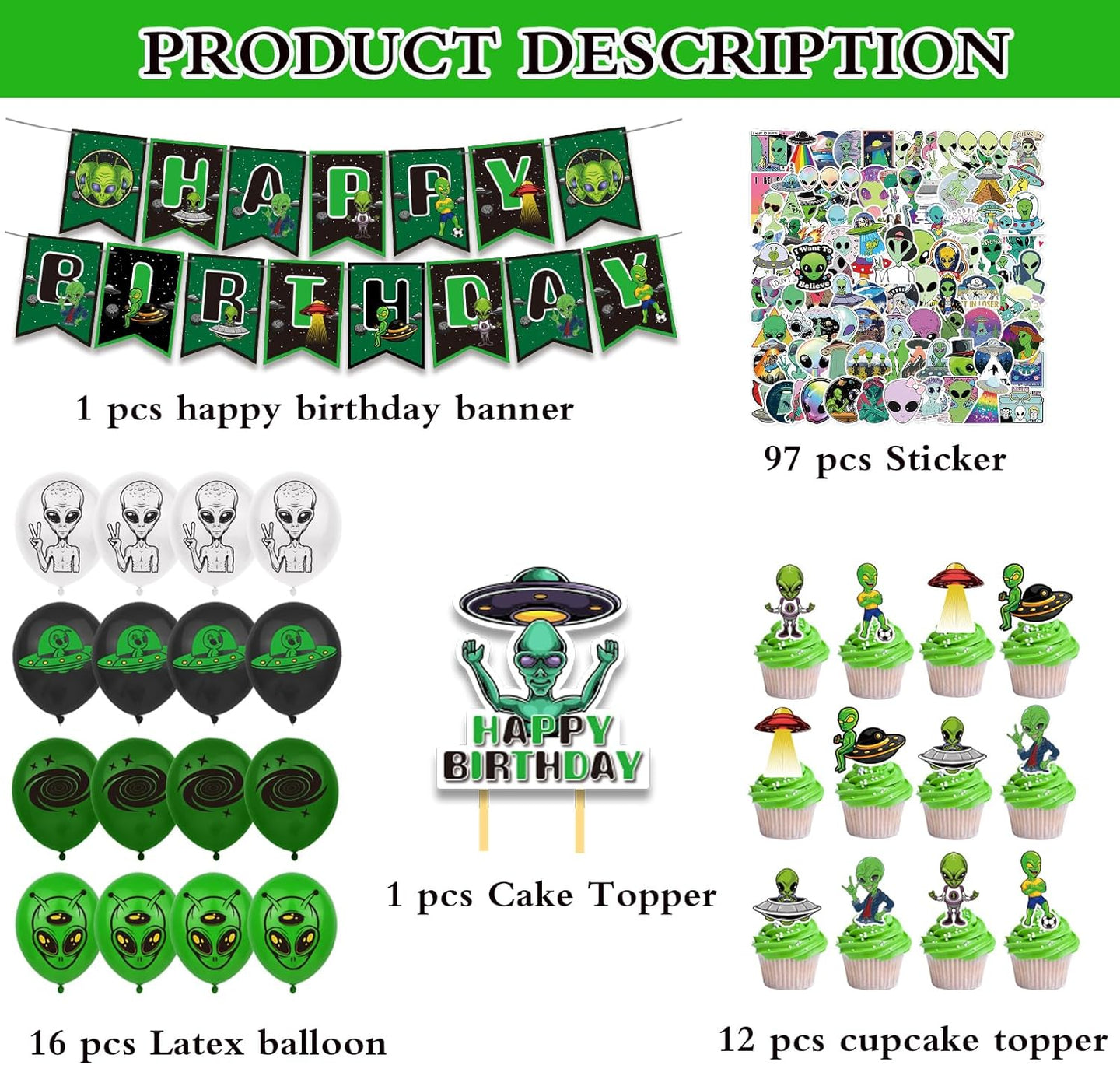 127 Pcs Alien Theme Birthday Party Supplies Include Alien Banner Balloons, Cake Topper, Cupcake Toppers, Stickers for Kids UFO Alien Birthday Party Decorations