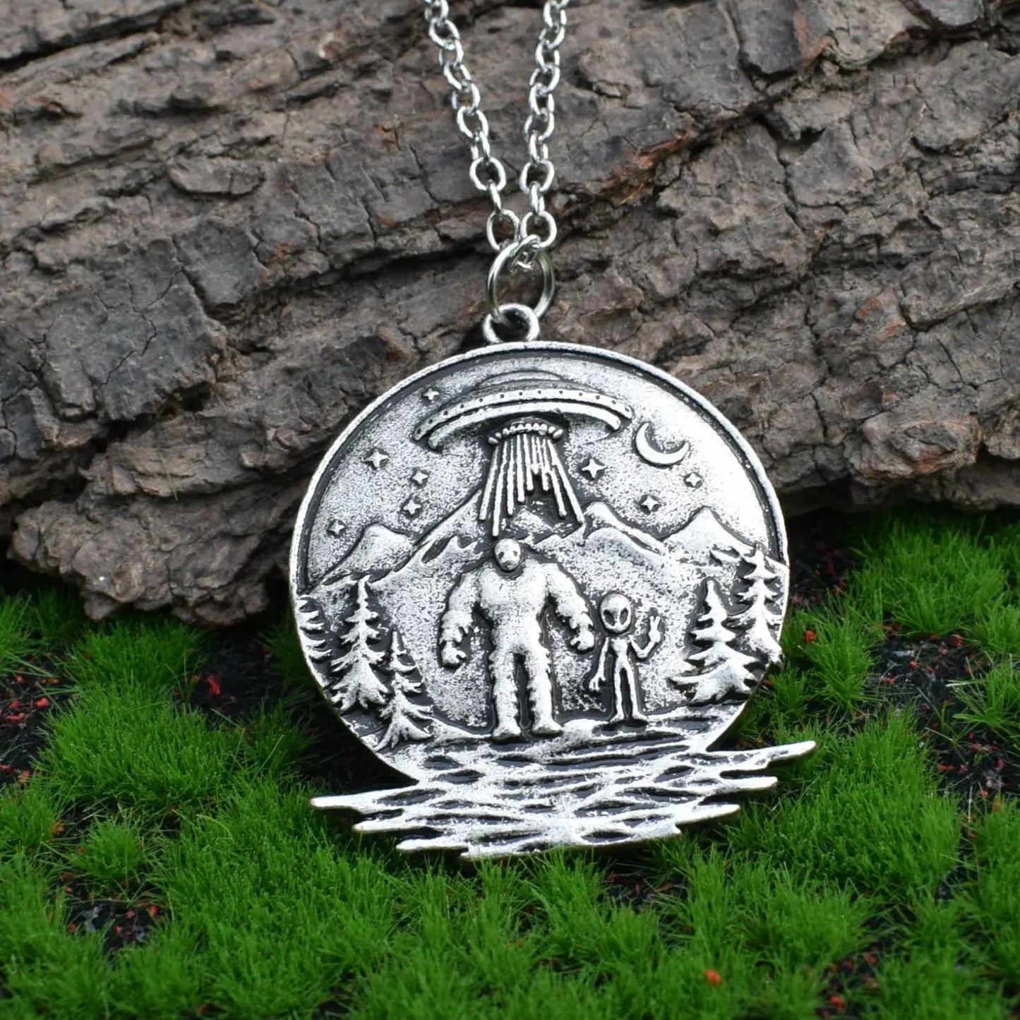 Cosmic Bond: Bigfoot & Alien Necklace