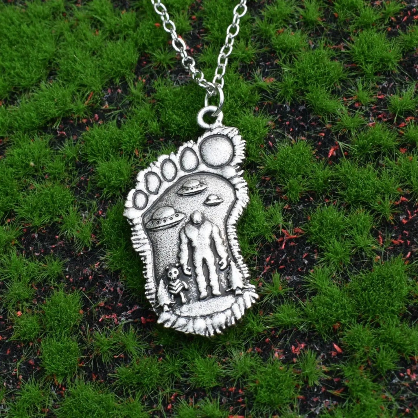 Guardians of the Unknown: Bigfoot & Alien Cosmic Pact Necklace